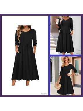 Women's 3/4 Sleeve Midi Dress A-Line Casual Summer Fall Dress with Pockets